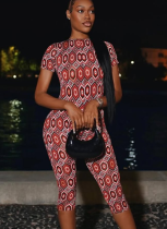 Fashion Street Round Neck Short Sleeve Personality Print Tight Cropped Pants Jumpsuit