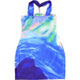 Fashion Personality Contrast Color Printing Sexy Hollow Slim Halter Neck Dress