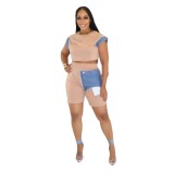 Casual Denim Patchwork Design Short-sleeved Top and Shorts Two-piece Set
