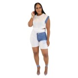 Casual Denim Patchwork Design Short-sleeved Top and Shorts Two-piece Set