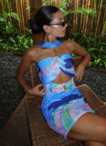 Fashion Personality Contrast Color Printing Sexy Hollow Slim Halter Neck Dress