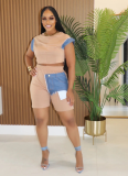 Casual Denim Patchwork Design Short-sleeved Top and Shorts Two-piece Set