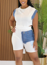 Casual Denim Patchwork Design Short-sleeved Top and Shorts Two-piece Set