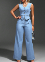 New Denim V-Neck Sleeveless Cardigan Fashionable Waist Trousers Two-Piece Suit