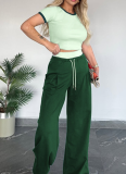 Women'S Contrast Color Round Neck Short Sleeve Top Casual Wide Leg Pants Two Piece Suit