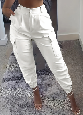 White Casual Pocket Long Slim Fit Cargo Casual Pants