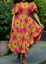 Round Neck Double Layer Ruffle Short Sleeve Printed Women's Dress