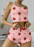 Strawberry Cherry Heart Printed Striped Overalls Home Set