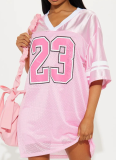 Pink Loose Casual All-Match Street Print V-Neck Short Sleeve T-Shirt