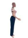 Women'S Contrast Color Round Neck Short Sleeve Top Casual Wide Leg Pants Two Piece Suit