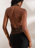 Brown Shiny Deep V Solid Color Vest Fashionable Sexy See-Through Sway Collar Halter Neck Top For Women