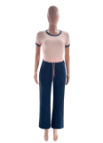 Women'S Contrast Color Round Neck Short Sleeve Top Casual Wide Leg Pants Two Piece Suit