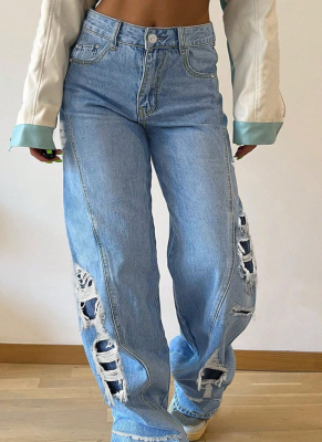 Light Blue Women'S Straight-Leg Ripped Jeans