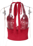 Sexy Deep V Metal Decoration Halter Neck Backless Slim Lace-up Tube Top for Women