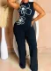 Fashion Round Neck Sleeveless Flower Design Slim Jumpsuit For Women