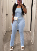 Fashion Solid Color Ribbed Pocket Sexy Hot Girl Tight Jumpsuit