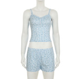 Casual Home Small Floral Plaid Suspender Top Elastic Shorts Two-piece Set