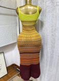 Summer Suspender Knitted Retro Gradient Color Wave Pattern Slim Hip-Wrapped Long Dress
