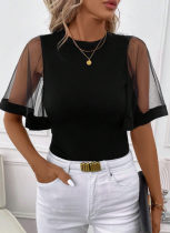 Black Fashion Net Yarn Trumpet Sleeve Splicing Round Neck Casual Summer T-shirt Women