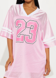 Pink Loose Casual All-Match Street Print V-Neck Short Sleeve T-Shirt
