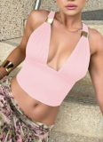 Sexy Deep V Metal Decoration Halter Neck Backless Slim Lace-up Tube Top for Women