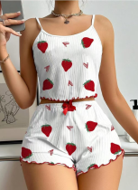 Strawberry Cherry Heart Printed Striped Overalls Home Set