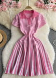 Contrast Color Lapel Short Sleeve Striped Waist Slimming A-line Knitted Dress