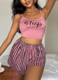 Suspender Letter Print Backless Pure Striped Drawstring Shorts Home Suit