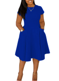 New Summer Casual Round Neck Pocket Slim Fit A-Line Midi Dress