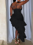 Summer New Solid Color Sling Irregular Ruffle Dress For Women