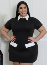 Women'S Short-Sleeved Lapel Black And White Contrast Large Size Slim Dress