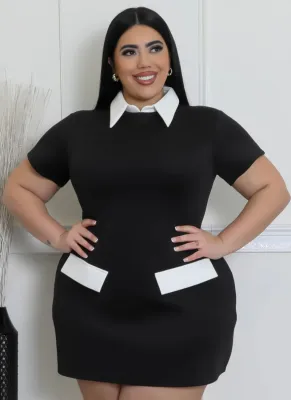 Women'S Short-Sleeved Lapel Black And White Contrast Large Size Slim Dress