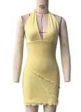 Halter Neck Deep V Neck Light Yellow Net Yarn Hot Girl Sexy Short Dress