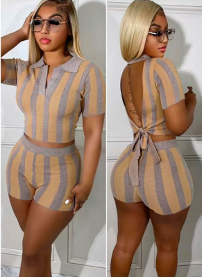 Women'S Slim Backless Top Sexy Contrast Color Shorts Two Piece Suit