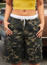 Loose Contrast Color Casual Camouflage Pocket Drawstring Shorts For Women