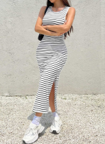 Striped Print Slit Holiday Style Sexy Backless Dress For Women