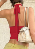 Sexy Deep V Metal Decoration Halter Neck Backless Slim Lace-up Tube Top for Women