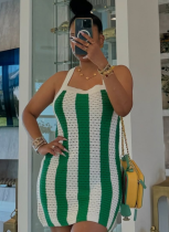 New Fashion Temperament Green Striped Hollow Knitted Suspender Dress For Women