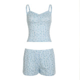 Casual Home Small Floral Plaid Suspender Top Elastic Shorts Two-piece Set