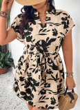 Large Size V-Neck Short Sleeve Floral Print High Waist Dress For Women