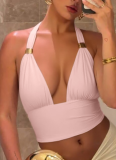 Sexy Deep V Metal Decoration Halter Neck Backless Slim Lace-up Tube Top for Women