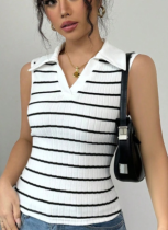 Women'S White Contrast Striped V-Neck Knitted Vest