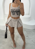 Hot Girl Short Letter Stripe Tight Vest Top Pleated Miniskirt Set