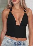 Sexy Deep V Metal Decoration Halter Neck Backless Slim Lace-up Tube Top for Women
