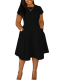 New Summer Casual Round Neck Pocket Slim Fit A-Line Midi Dress