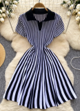 Contrast Color Lapel Short Sleeve Striped Waist Slimming A-line Knitted Dress