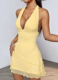 Halter Neck Deep V Neck Light Yellow Net Yarn Hot Girl Sexy Short Dress