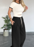 Women'S Contrast Color Round Neck Short Sleeve Top Casual Wide Leg Pants Two Piece Suit