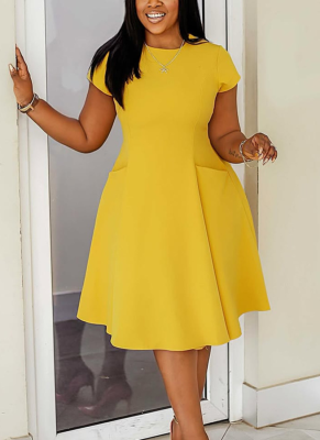 New Summer Casual Round Neck Pocket Slim Fit A-Line Midi Dress