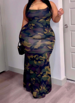 Fashionable Plus Size Trendy Printed Spaghetti Strap Suspender Hip Dress